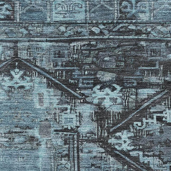 HomeRoots 10' Blue & Charcoal Oriental Washable Area Rug - UV Protected, Stain Resistant, Ideal for Busy Homes 699316