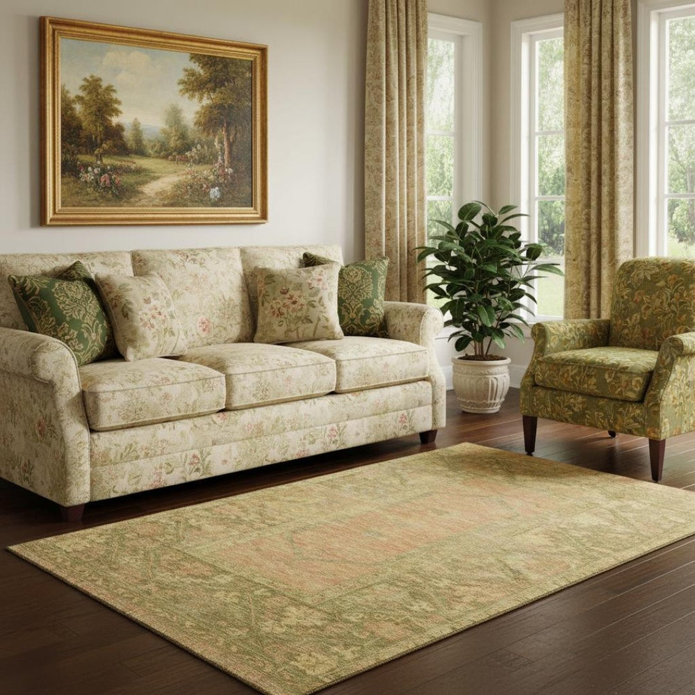 HomeRoots 5' X 8' Coral and Gold Oriental Area Rug - Washable, UV-Protected, Durable for Homes with Kids & Pets 699318
