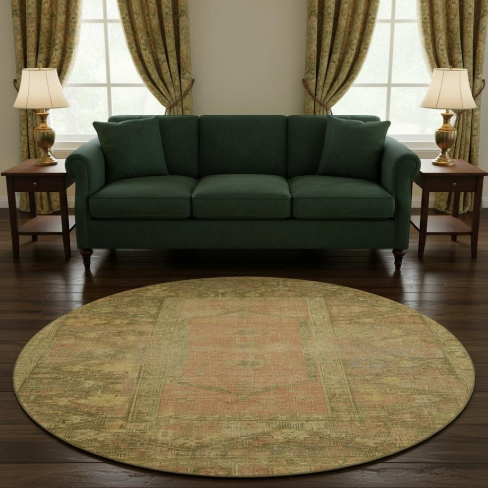 HomeRoots 8' Coral and Gold Oriental Round Rug – Washable, Stain Resistant, UV Protected for Durable Elegance 699319