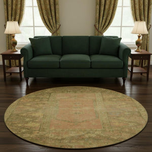 HomeRoots 8' Coral and Gold Oriental Round Rug – Washable, Stain Resistant, UV Protected for Durable Elegance 699319