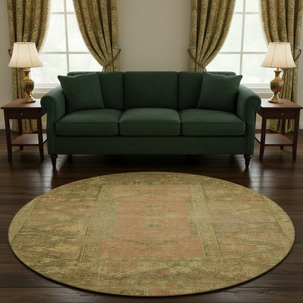 HomeRoots 8' Coral and Gold Oriental Round Rug – Washable, Stain Resistant, UV Protected for Durable Elegance 699319