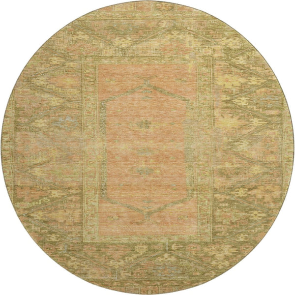HomeRoots 8' Coral and Gold Oriental Round Rug – Washable, Stain Resistant, UV Protected for Durable Elegance 699319