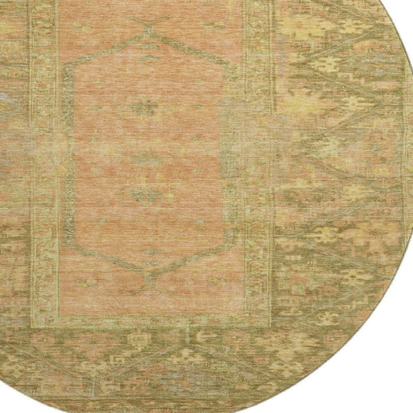 HomeRoots 8' Coral and Gold Oriental Round Rug – Washable, Stain Resistant, UV Protected for Durable Elegance 699319