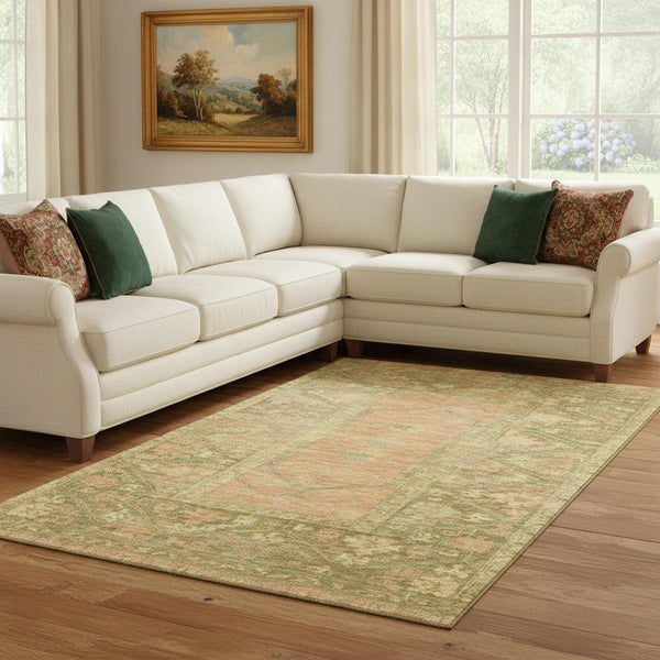 HomeRoots 8' X 10' Coral and Gold Oriental Area Rug - Washable, UV Protected, Stain-Resistant for Busy Homes 699320