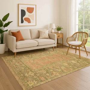 HomeRoots 8' X 10' Coral and Gold Oriental Area Rug - Washable, UV Protected, Stain-Resistant for Busy Homes 699320