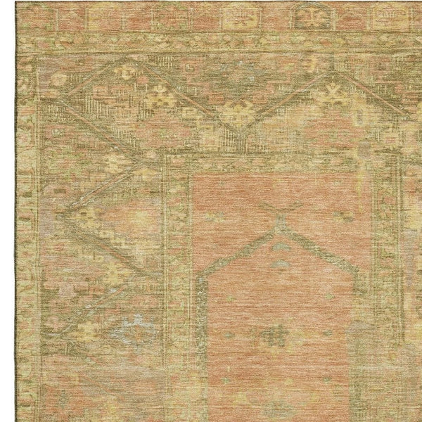 HomeRoots 10' X 14' Coral & Gold Oriental Area Rug - Washable, UV-Protected, Durable for Kids & Pets! 699322