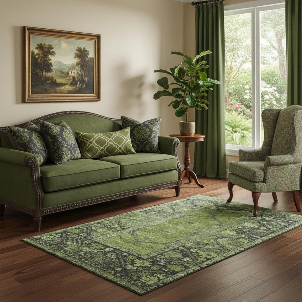 HomeRoots 5' Olive Green & Charcoal Oriental Area Rug - Stylish, Washable, UV-Protected, Stain-Resistant Design 699324