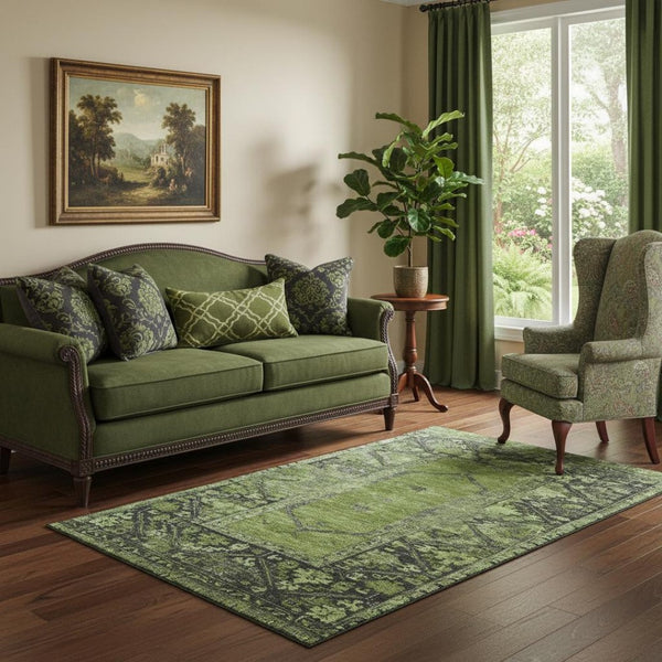 HomeRoots 5' Olive Green & Charcoal Oriental Area Rug - Stylish, Washable, UV-Protected, Stain-Resistant Design 699324