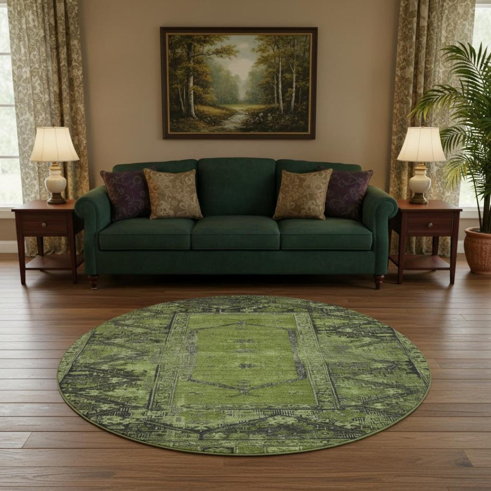 HomeRoots 8' Olive Green & Charcoal Oriental Round Rug - Stylish, Washable, UV-Protected for High Traffic Areas 699325