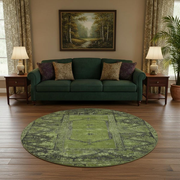 HomeRoots 8' Olive Green & Charcoal Oriental Round Rug - Stylish, Washable, UV-Protected for High Traffic Areas 699325