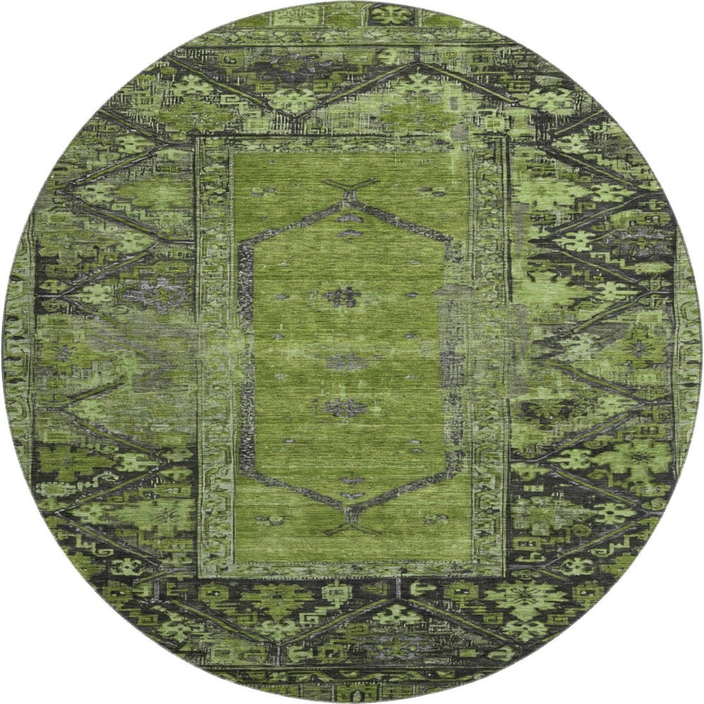 HomeRoots 8' Olive Green & Charcoal Oriental Round Rug - Stylish, Washable, UV-Protected for High Traffic Areas 699325