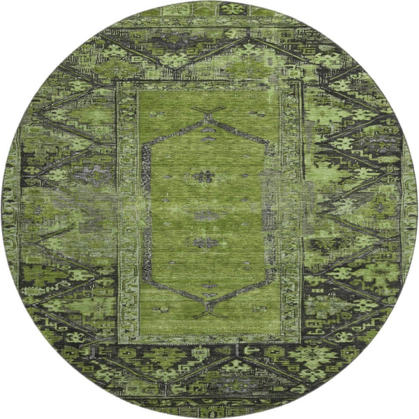 HomeRoots 8' Olive Green & Charcoal Oriental Round Rug - Stylish, Washable, UV-Protected for High Traffic Areas 699325