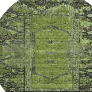 HomeRoots 8' Olive Green & Charcoal Oriental Round Rug - Stylish, Washable, UV-Protected for High Traffic Areas 699325