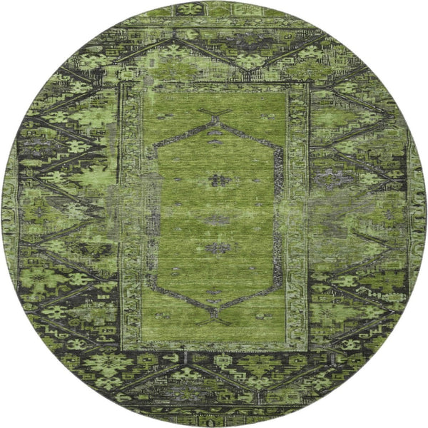 HomeRoots 8' Olive Green & Charcoal Oriental Round Rug - Stylish, Washable, UV-Protected for High Traffic Areas 699325