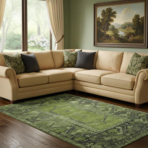 HomeRoots 8' X 10' Olive Green & Charcoal Oriental Area Rug – Washable, Stain-Resistant, UV Protected Design 699326