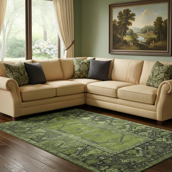 HomeRoots 8' X 10' Olive Green & Charcoal Oriental Area Rug – Washable, Stain-Resistant, UV Protected Design 699326