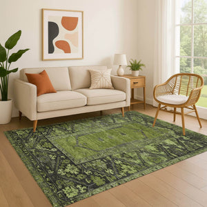 HomeRoots 8' X 10' Olive Green & Charcoal Oriental Area Rug – Washable, Stain-Resistant, UV Protected Design 699326