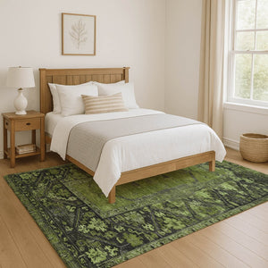 HomeRoots 8' X 10' Olive Green & Charcoal Oriental Area Rug – Washable, Stain-Resistant, UV Protected Design 699326