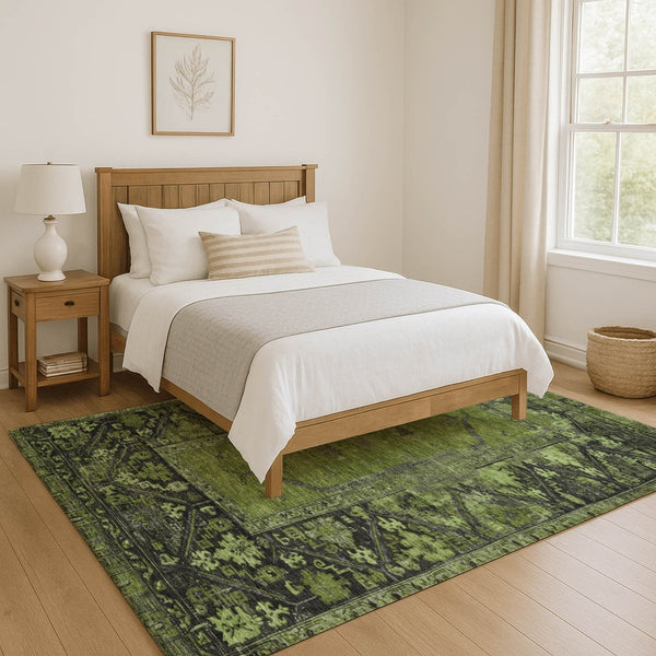 HomeRoots 8' X 10' Olive Green & Charcoal Oriental Area Rug – Washable, Stain-Resistant, UV Protected Design 699326
