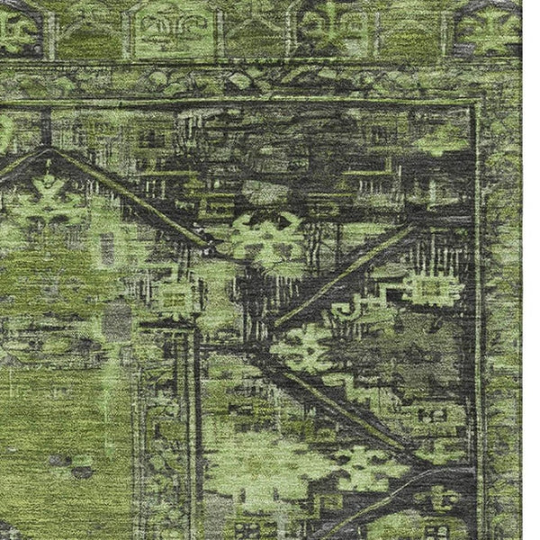 HomeRoots 8' X 10' Olive Green & Charcoal Oriental Area Rug – Washable, Stain-Resistant, UV Protected Design 699326