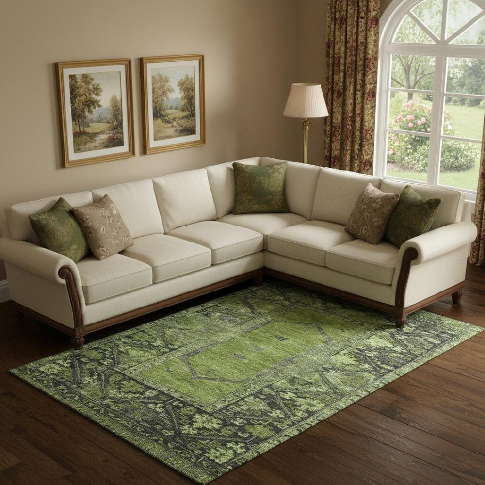HomeRoots 10' Olive Green & Charcoal Oriental Washable Area Rug - Durable, UV Protected, Perfect for High-Traffic Spaces 699328