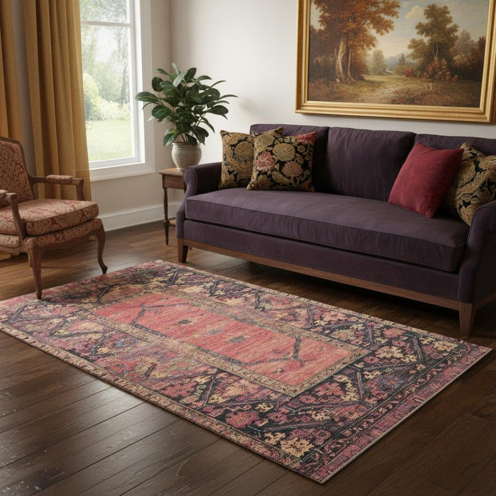 HomeRoots 5' X 8' Salmon & Charcoal Oriental Area Rug – Washable, UV-Protected, Stain-Resistant & Non-Slip! 699330