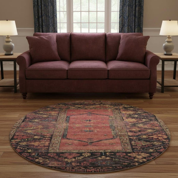 HomeRoots 8' Salmon and Charcoal Round Oriental Washable Rug - UV Protected, Durable, Easy-Care Elegance for Any Space 699331