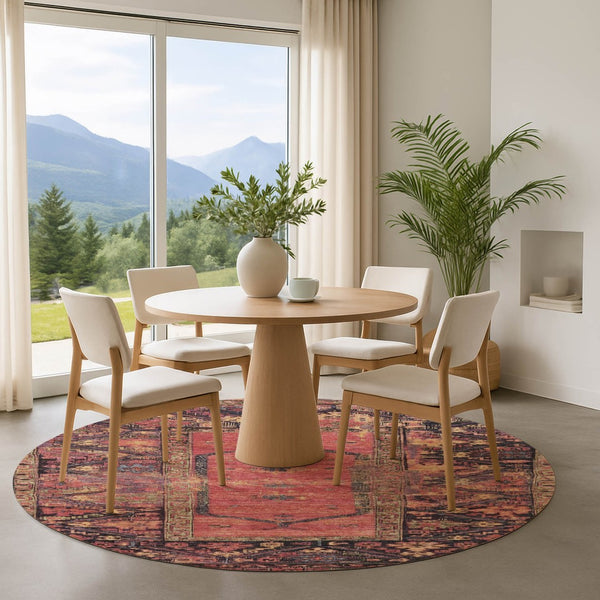HomeRoots 8' Salmon and Charcoal Round Oriental Washable Rug - UV Protected, Durable, Easy-Care Elegance for Any Space 699331