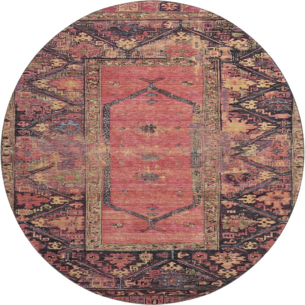 HomeRoots 8' Salmon and Charcoal Round Oriental Washable Rug - UV Protected, Durable, Easy-Care Elegance for Any Space 699331