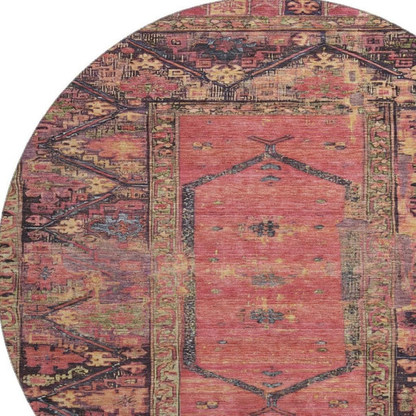 HomeRoots 8' Salmon and Charcoal Round Oriental Washable Rug - UV Protected, Durable, Easy-Care Elegance for Any Space 699331