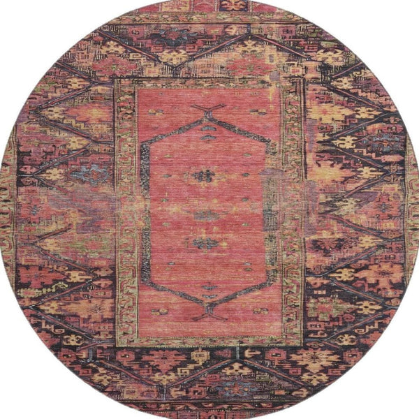 HomeRoots 8' Salmon and Charcoal Round Oriental Washable Rug - UV Protected, Durable, Easy-Care Elegance for Any Space 699331
