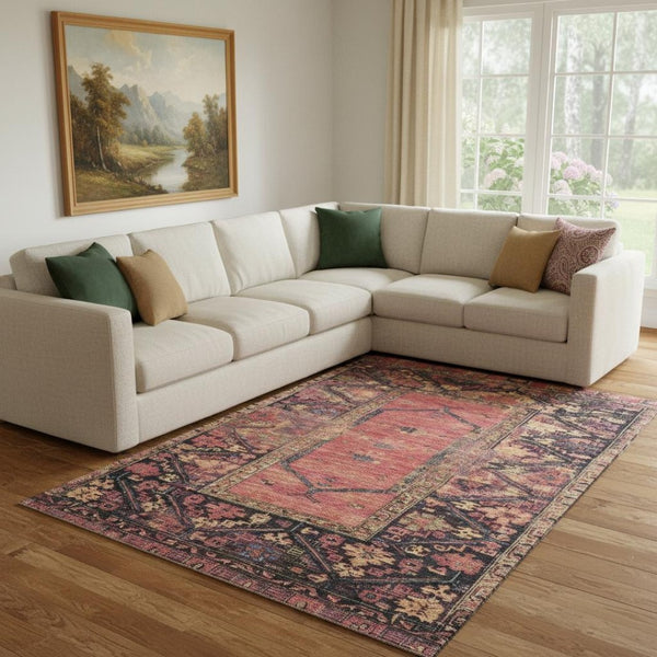 HomeRoots 8' X 10' Salmon & Charcoal Oriental Area Rug - Durable, Washable Design with UV Protection & Style 699332
