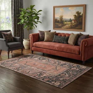 HomeRoots 5' X 8' Terra Cotta Charcoal Oriental Washable Area Rug – Durable, UV-Protected & Stylish Addition 699336