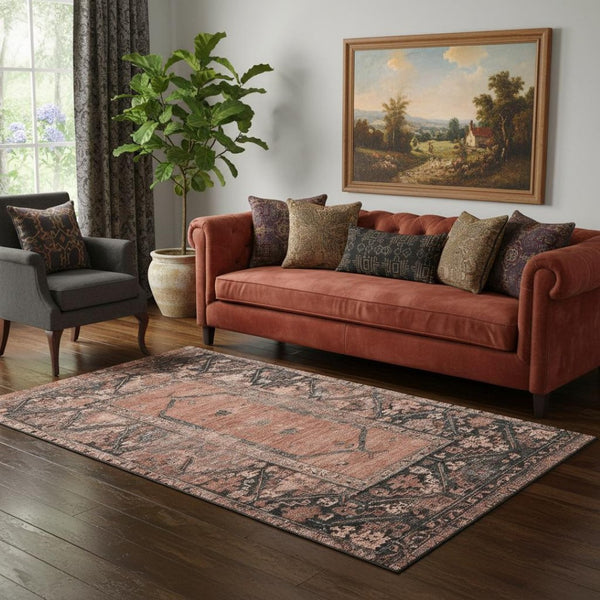 HomeRoots 5' X 8' Terra Cotta Charcoal Oriental Washable Area Rug – Durable, UV-Protected & Stylish Addition 699336