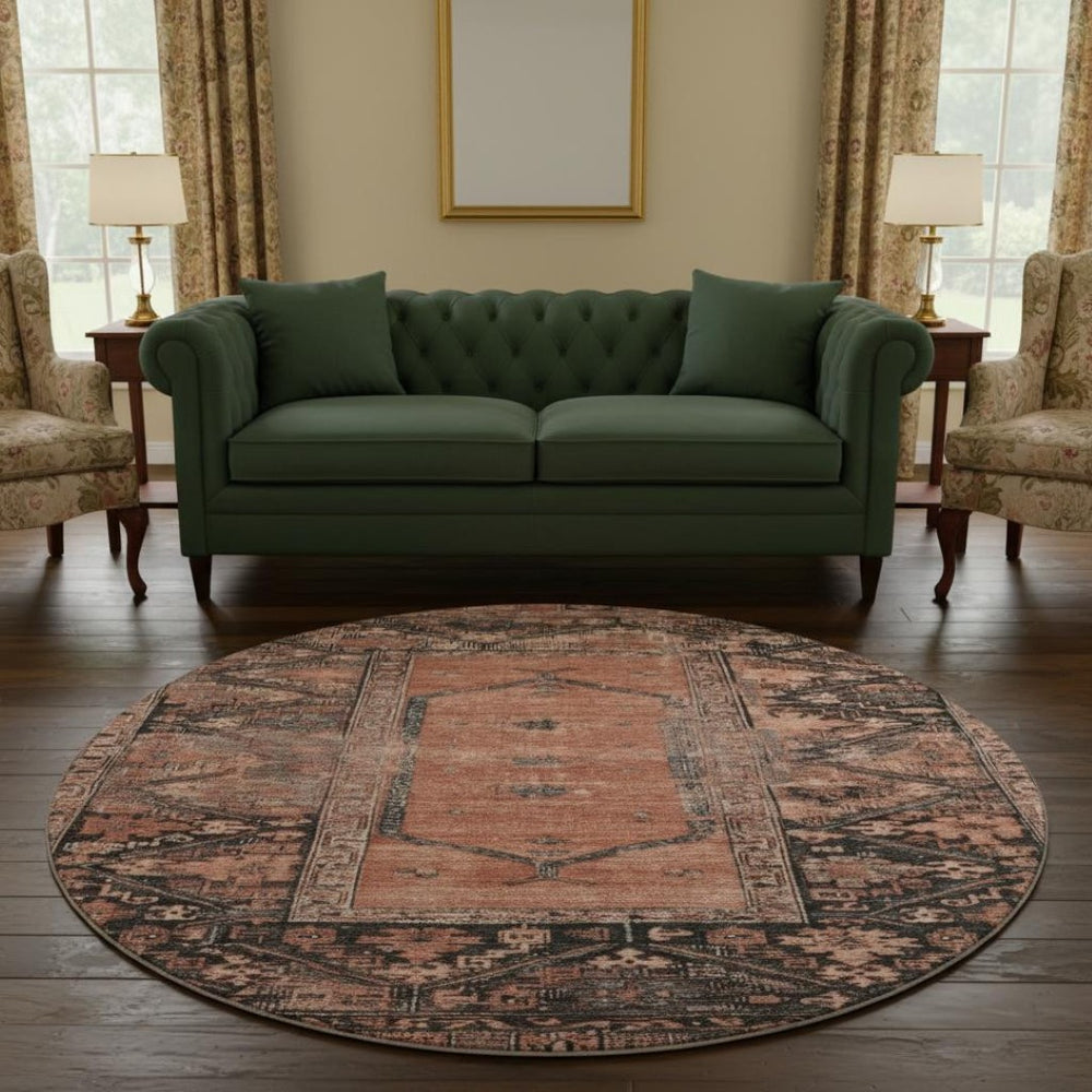 HomeRoots 8' Terra Cotta & Charcoal Oriental Washable Round Rug - UV Protected, Stain-Resistant & Stylish! 699337