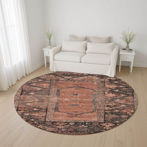 HomeRoots 8' Terra Cotta & Charcoal Oriental Washable Round Rug - UV Protected, Stain-Resistant & Stylish! 699337