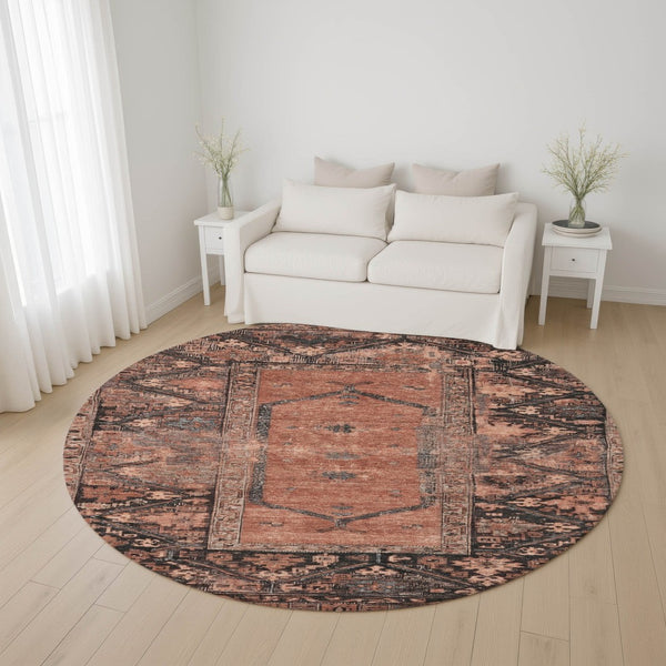 HomeRoots 8' Terra Cotta & Charcoal Oriental Washable Round Rug - UV Protected, Stain-Resistant & Stylish! 699337