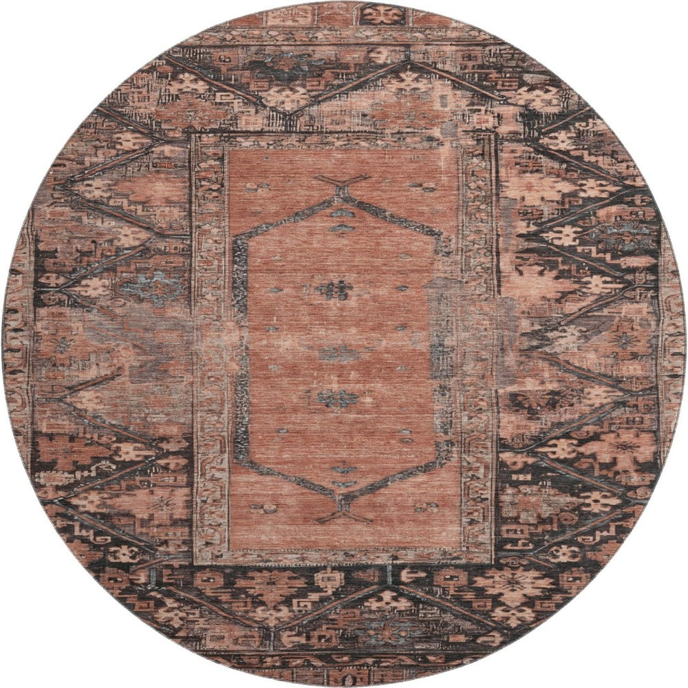 HomeRoots 8' Terra Cotta & Charcoal Oriental Washable Round Rug - UV Protected, Stain-Resistant & Stylish! 699337