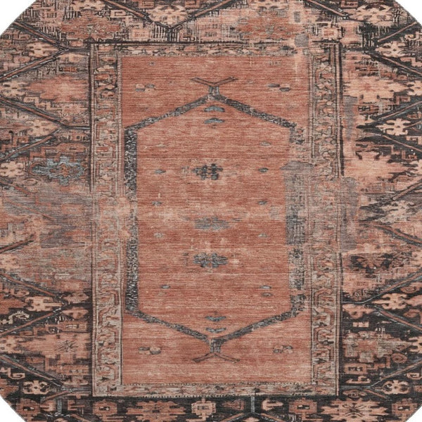HomeRoots 8' Terra Cotta & Charcoal Oriental Washable Round Rug - UV Protected, Stain-Resistant & Stylish! 699337