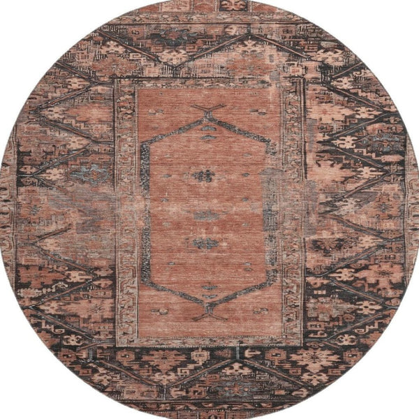 HomeRoots 8' Terra Cotta & Charcoal Oriental Washable Round Rug - UV Protected, Stain-Resistant & Stylish! 699337