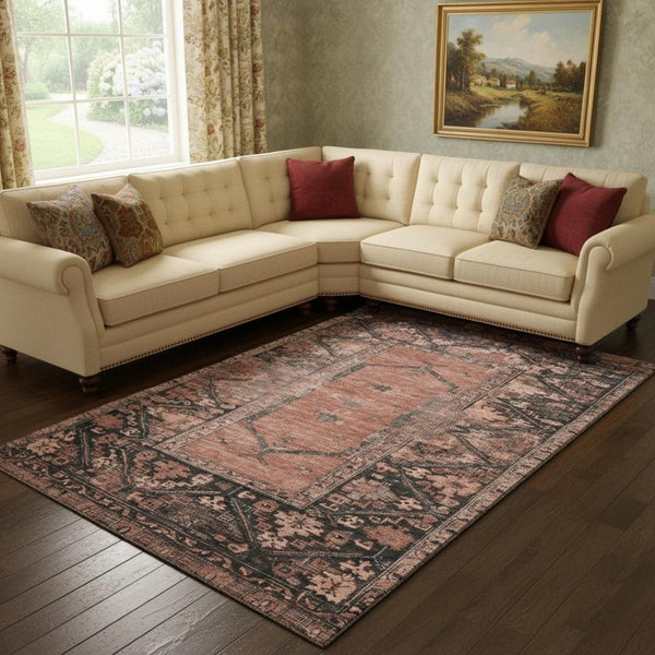 HomeRoots 8' X 10' Terra Cotta & Charcoal Oriental Area Rug - Durable, Washable, UV Protected for Busy Homes 699338