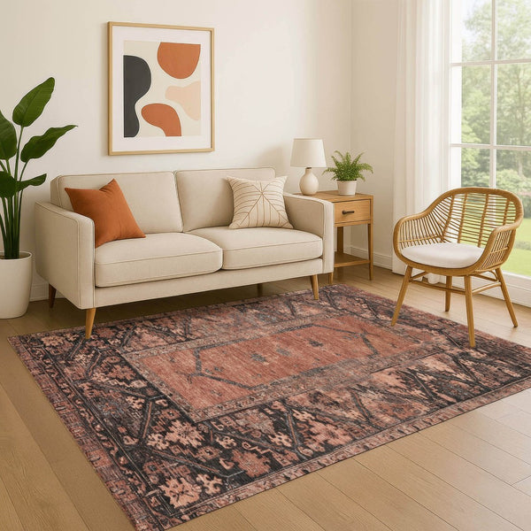 HomeRoots 8' X 10' Terra Cotta & Charcoal Oriental Area Rug - Durable, Washable, UV Protected for Busy Homes 699338