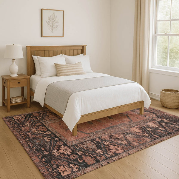 HomeRoots 8' X 10' Terra Cotta & Charcoal Oriental Area Rug - Durable, Washable, UV Protected for Busy Homes 699338