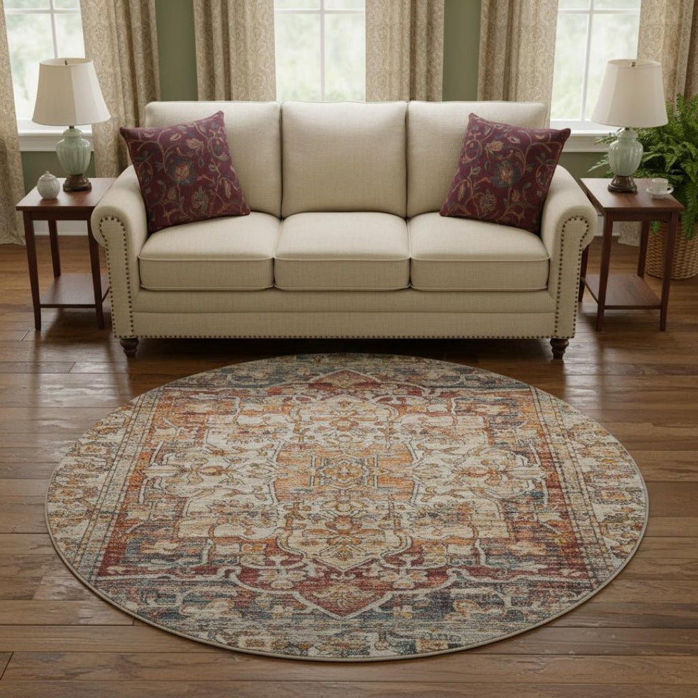 HomeRoots 8' Copper Gray and Ivory Oriental Round Rug - Washable, UV-Protected, Durable for Busy Homes 699343