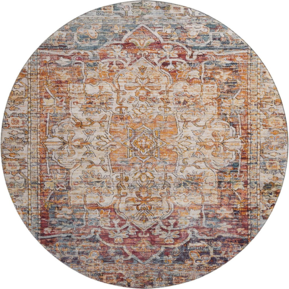 HomeRoots 8' Copper Gray and Ivory Oriental Round Rug - Washable, UV-Protected, Durable for Busy Homes 699343