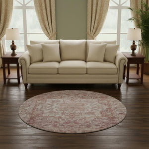 HomeRoots 8' Washable Round Rug with Timeless Rust and Ivory Oriental Design, UV Protection & Stain Resistance 699349