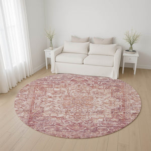 HomeRoots 8' Washable Round Rug with Timeless Rust and Ivory Oriental Design, UV Protection & Stain Resistance 699349