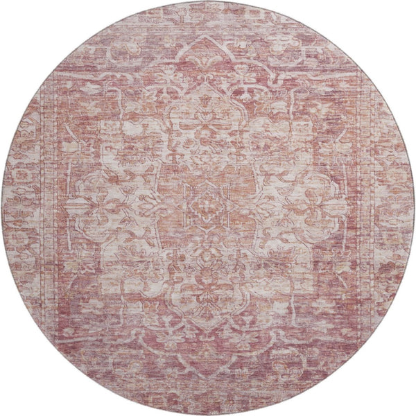 HomeRoots 8' Washable Round Rug with Timeless Rust and Ivory Oriental Design, UV Protection & Stain Resistance 699349