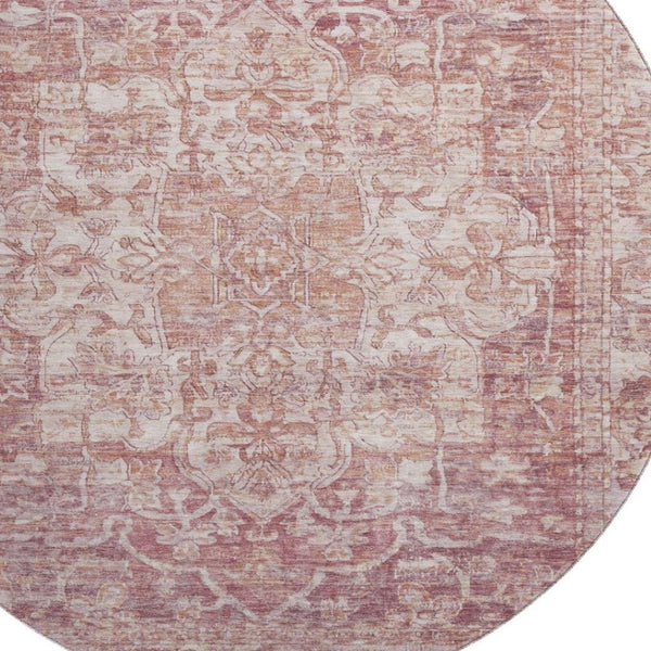 HomeRoots 8' Washable Round Rug with Timeless Rust and Ivory Oriental Design, UV Protection & Stain Resistance 699349