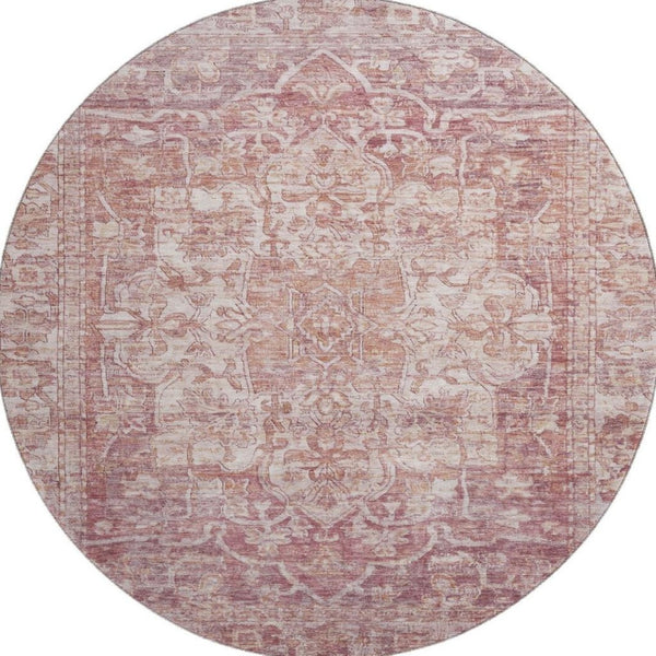 HomeRoots 8' Washable Round Rug with Timeless Rust and Ivory Oriental Design, UV Protection & Stain Resistance 699349